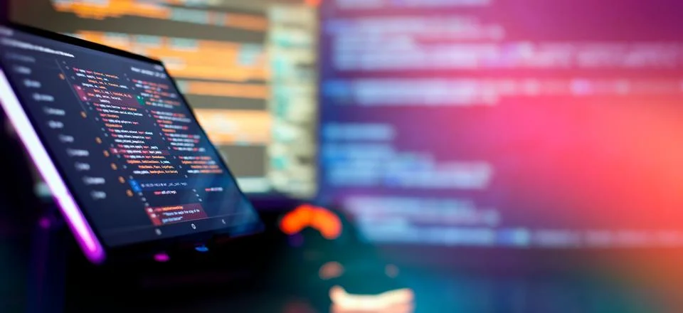 Programming code abstract screen of software developer. Coding script text .. 스톡 사진