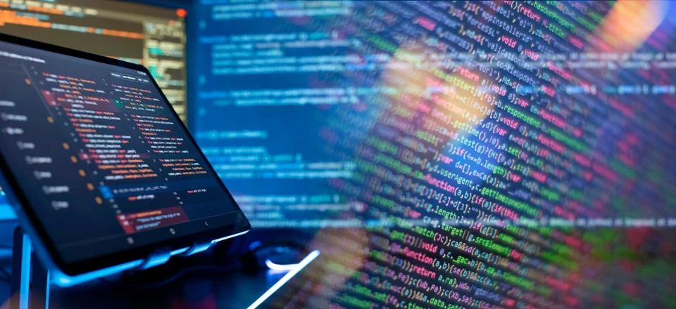 Programming code abstract screen of software developer. Coding script text .. 스톡 사진