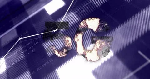 Programming code and 5g text image over abstract background with glitch effect 스톡 사진