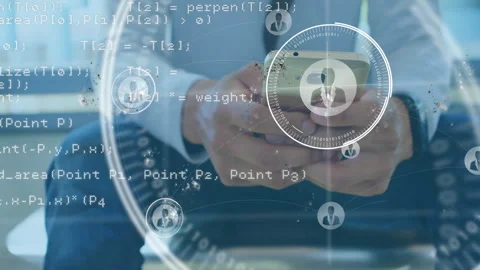 Programming code and data analysis animation over person using smartphone Stock Footage 303462245