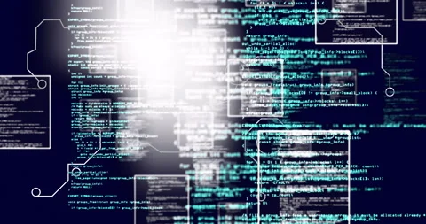 Programming code and data flow animation over dark background with Stock Footage 305133116