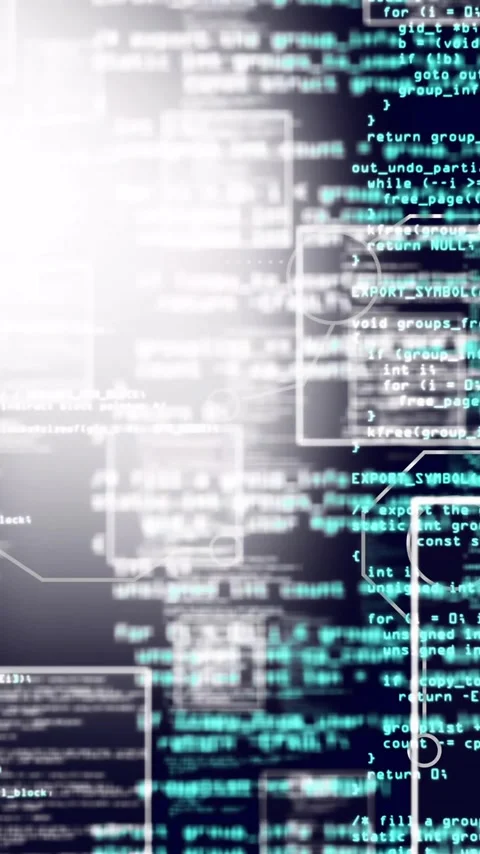 Programming code and data flow animation over dark background with Stock Footage 320034268