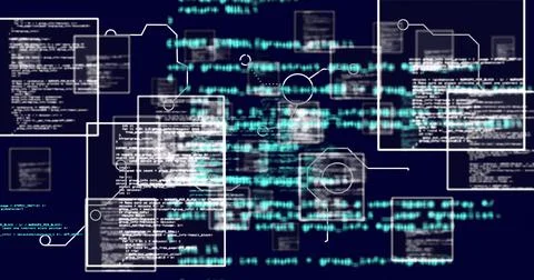Programming code and data flow image over dark background with interconnected イラスト素材