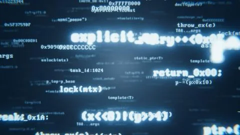 Programming code and data moving on a digital screen, creating an abstract Stock Illustration