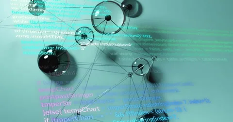 Programming code and data network animation over abstract mechanical gears Stock Footage 306565316