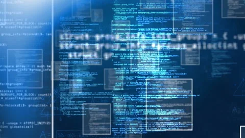 Programming code and data processing animation over blue digital background Stock Footage 305021612