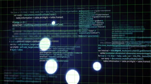 Programming code and data processing animation over dark grid background with Stock Footage 305220198