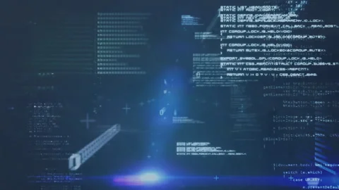 Programming code and data processing animation over blue digital background Stock Footage 305222007