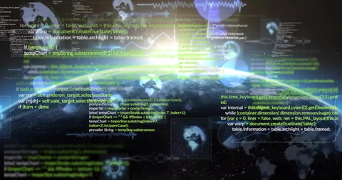 Programming code and data processing animation over Earth from space Stock Footage 305527124