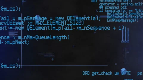 Programming code and data processing animation over dark background with blue Stock Footage 306340073