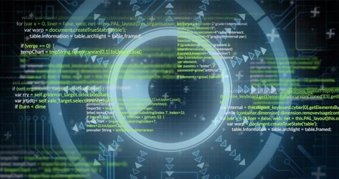 Programming code and data processing animation over circular digital interface Stock Footage 306816955