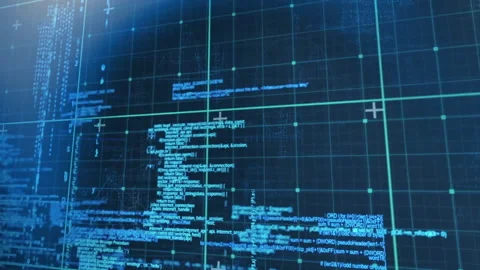 Programming code and data processing animation over grid background Stock Footage 308901855