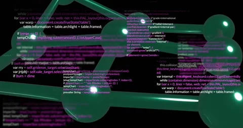 Programming code and data processing animation over abstract green shapes on Stock Footage 329223517