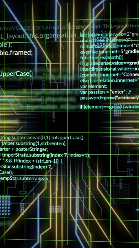 Programming code and data processing animation over grid lines and light beams Stock Footage 341956843
