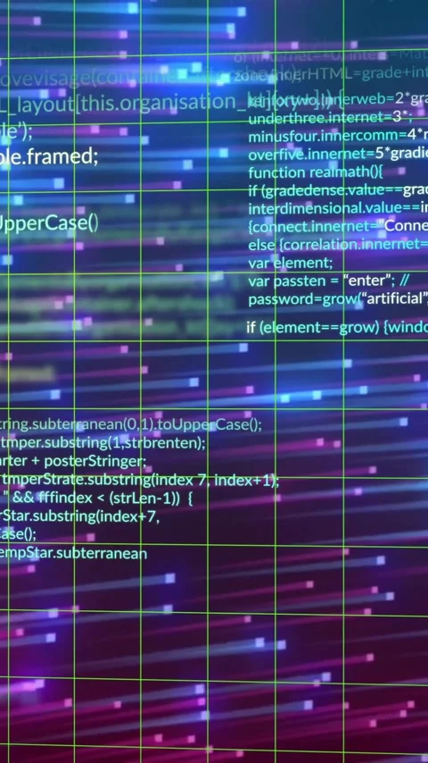 Programming code and data processing animation over colorful digital grid 動画素材 342997316
