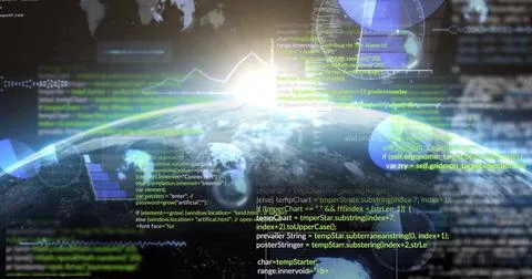 Programming code and data processing image over Earth from space 스톡 사진