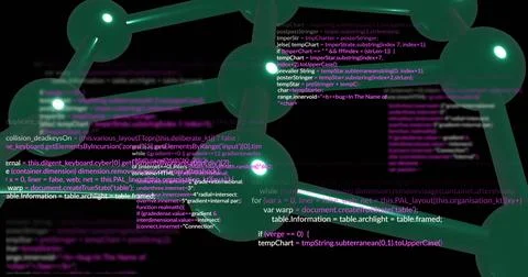 Programming code and data processing image over abstract green shapes on black 스톡 사진