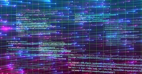 Programming code and data processing image over colorful digital grid backg.. 库存照片