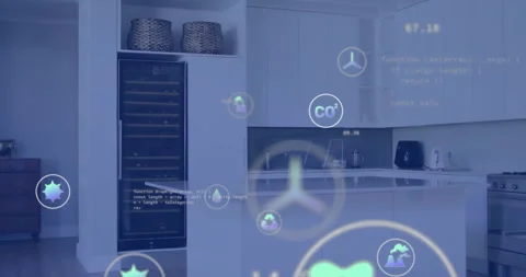 Programming code and data visualization animation over modern kitchen interior Stock Footage 305061491