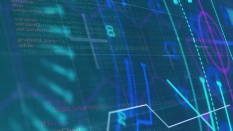 Programming code and data visualization animation over blue digital interface Stock Footage 305431389