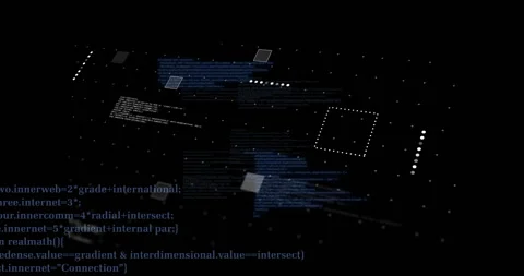 Programming code and geometric shapes animation over dark background with dotted Stock Footage 306507877