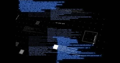 Programming code and geometric shapes image over dark background with dotted 库存照片