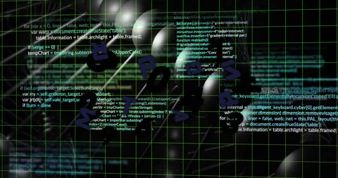 Programming code and letters animation over grid and abstract shapes background Stock Footage 303739840
