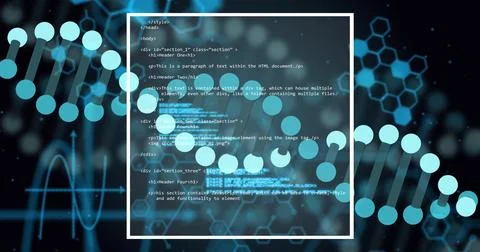 Programming code and molecular structure image over digital interface background Stock Illustration