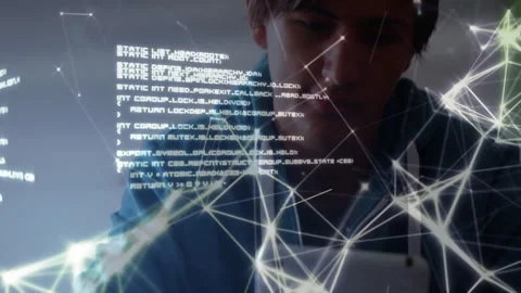 Programming code and network connections animation over person using tablet Stock Footage 303461877
