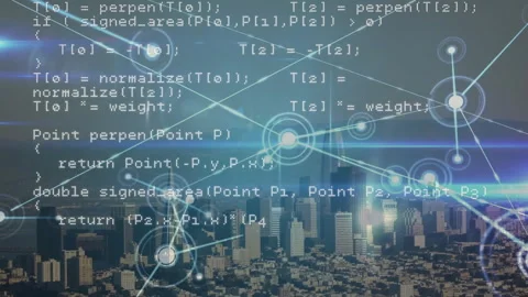 Programming code and network connections animation over cityscape Stock Footage 305893949