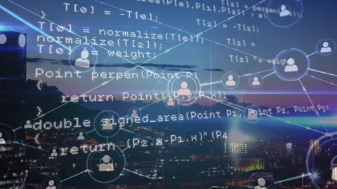Programming code and network connections animation over cityscape at night Stock Footage 305893964