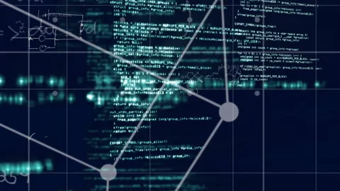 Programming code and network connections, data processing animation over dark 库存影片 306637096