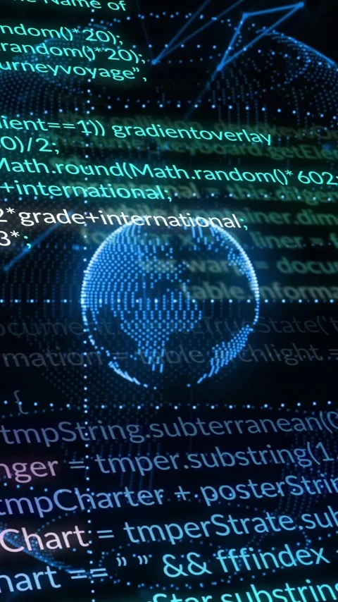 Programming code animating over digital globe on dark background Stockbeeldmateriaal 342015688