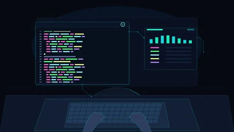 Programming code animation on dark monitor screen with typing hands Видео 346553020
