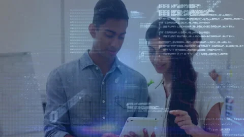 Programming code animation over diverse colleagues collaborating on tablet Stock Footage 308901968