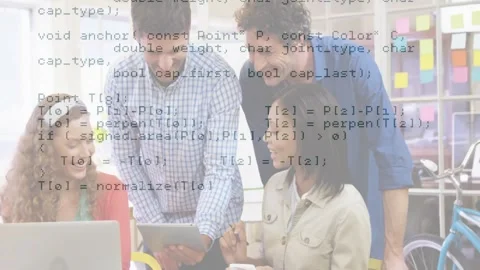 Programming code animation over diverse business team collaborating with tablet Video stock 328507611