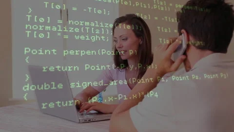Programming code animation over people working on laptops in office Stock Footage 306340471