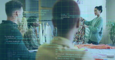 Programming code animation over people shopping for clothes in store Stock Footage 308994401