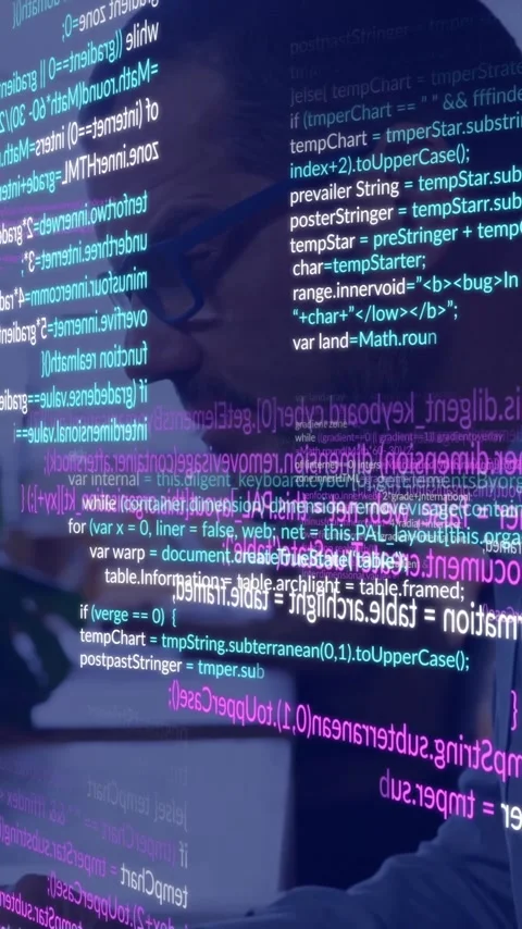 Programming code animation over person working on computer in office Stock Footage 320150489