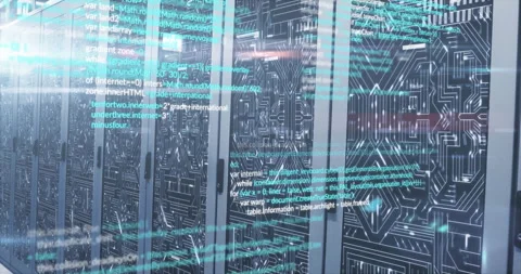 Programming code animation over server racks in data center 動画素材 306199597