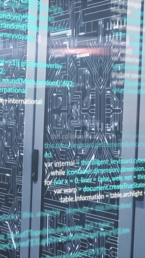 Programming code animation over server racks in data center Stock Footage 320093500