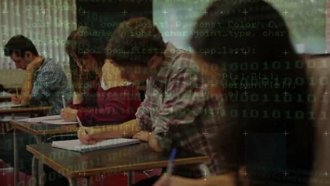 Programming code animation over students writing in classroom Stock Footage 305292652