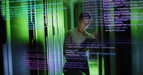 Programming code animation over woman using smartphone in server room Stock Footage 328978400