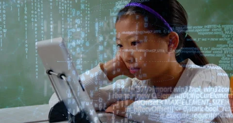 Programming code animation over young girl using tablet at desk Stock Footage 306274436
