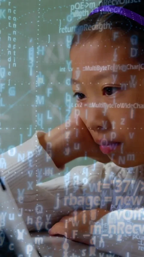 Programming code animation over young girl using tablet at desk Stock Footage 320093491