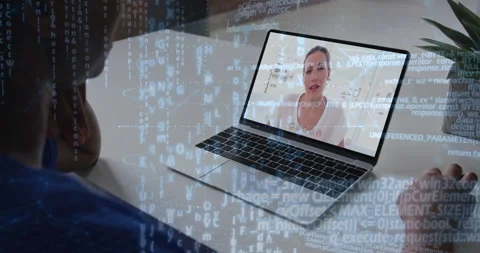 Programming code animation overlaying person video conferencing on laptop screen Stock Footage 303738708