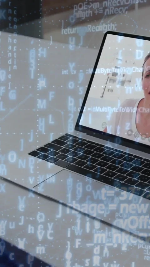 Programming code animation overlaying person video conferencing on laptop screen Stock Footage 319976868