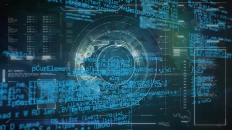 Programming code appearing triggers 3D globe rotating within pulsing HUD rings Stock Footage 328358281
