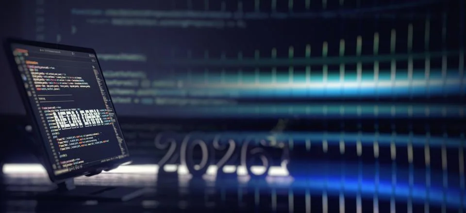 Programming code on computer monitor with glowing 2026 background Stockfoto's