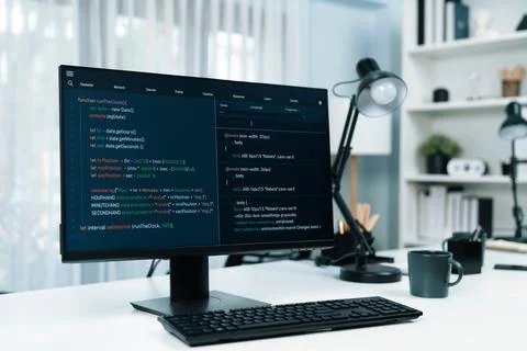 Programming code on computer screen desktop placing on working desk. Infobahn. Stockfoto's